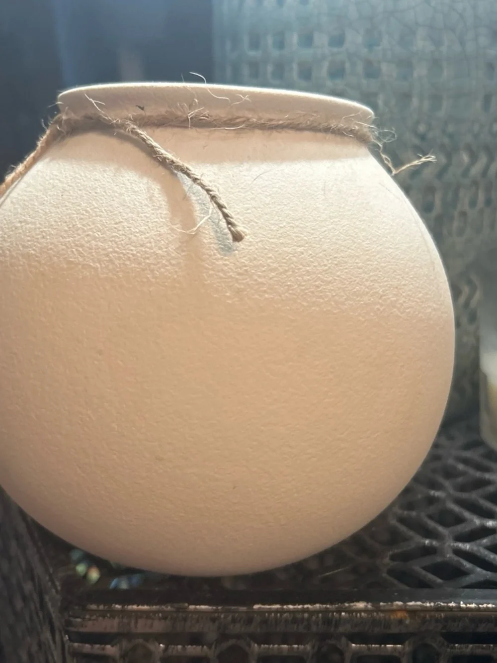 Textured White Round Terra cotta Ceramic Vase with Twine Accent